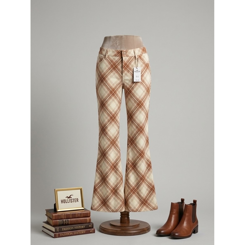 Hollister High-Rise Flare Pants Brown Cream Plaid Advanced Stretch Small Short